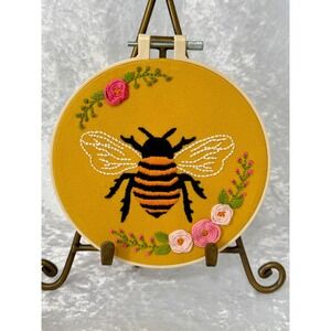 Handmade Bumblebee Floral Embroidery Hoop Art Yellow Nature Wall Decor 6 inch